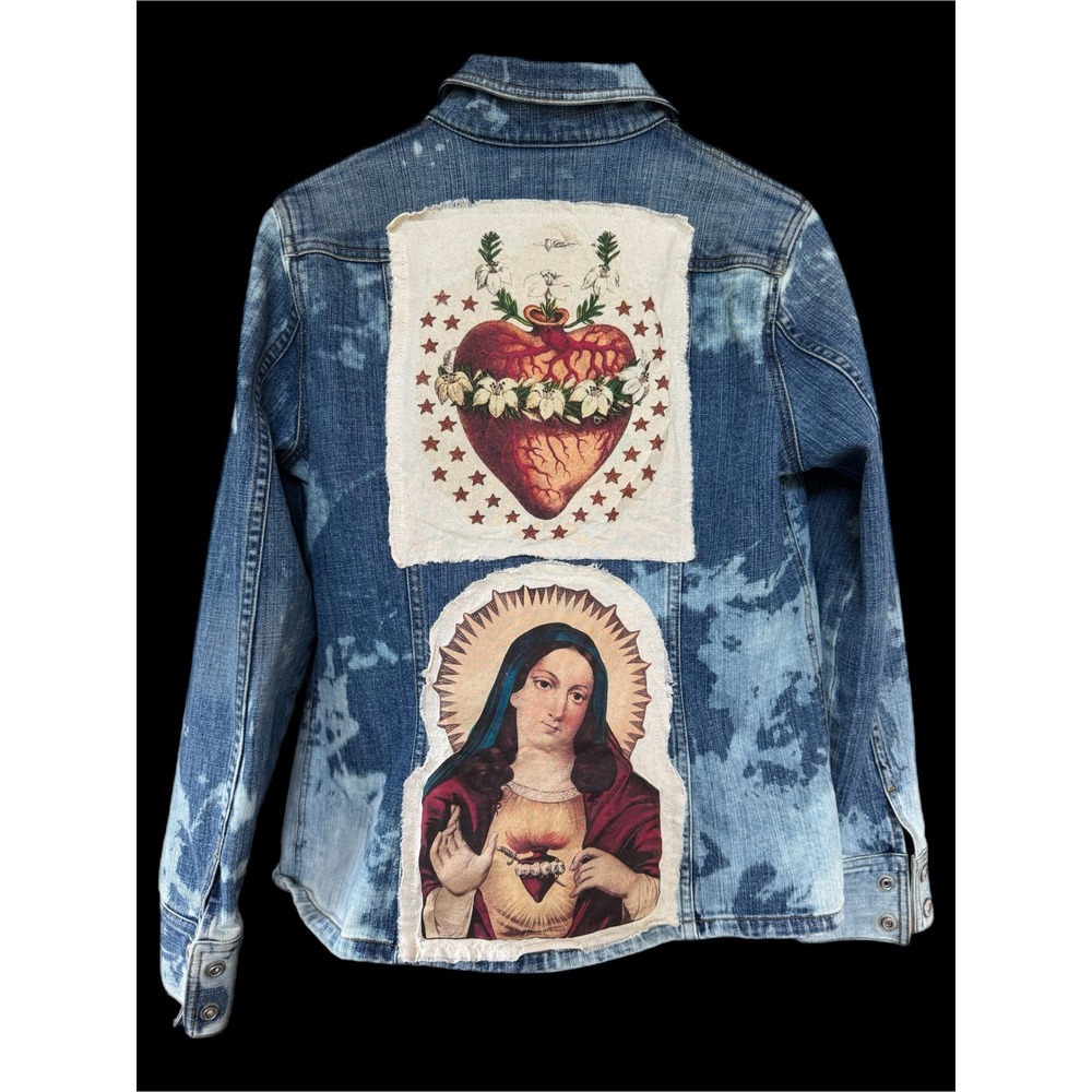 OOAK Bleached Denim Jacket • Sacred Heart Art • Size Small